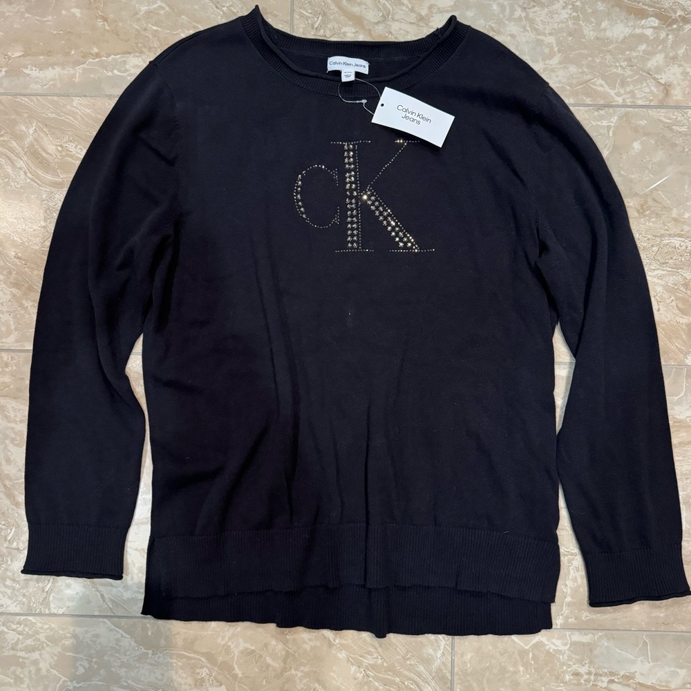 Calvin Klein Women’s Black Rhinestone Logo Long Sleeve Sweater. New with tags.